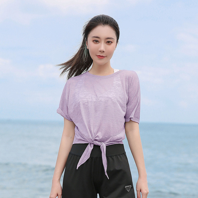 เสื้อยืดกีฬาหญิง ผูกโบว์หน้า สีฟ้า (L,XL,2XL,3XL,4XL) S192