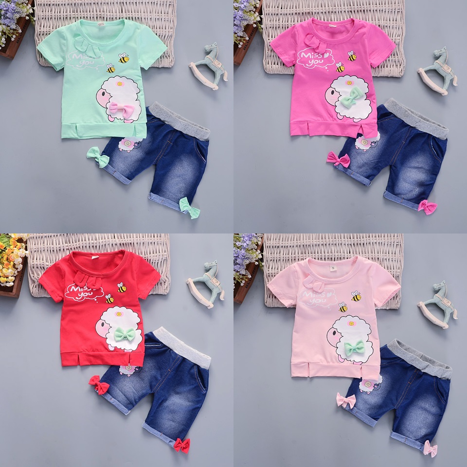 ha611 เสื้อยืดแขนสั้น+กางเกงยีนส์ขาสั้น size 80-110 4ตัวต่อแพ็ค