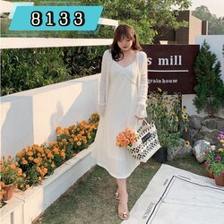 bigzommer - เดรสสายเดี่ยวพลัสไซส์ [🍁อก44-55"] สีดำ/สีขาวเบจ (8133)