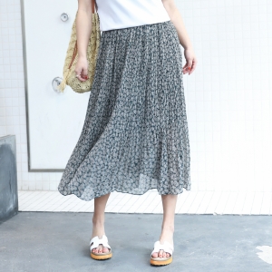 ♥พร้อมส่ง♥ กระโปรงชีฟอง สีเขียวลายดอก เอวยางยืด (3XL เอว 34ยืด44)