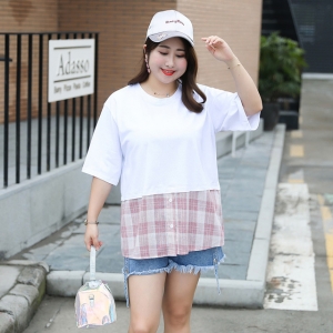 ♥พร้อมส่ง♥ เสื้อยืดแฟชั่นสีขาวตัดต่อผ้าลายสก๊อตสีชมพู 3XL อก 51"